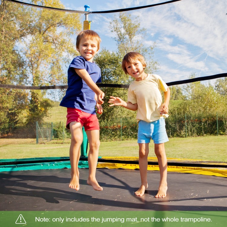 Two children jumping on a high-elastic PP replacement jumping mat for a 10 ft trampoline, perfect for outdoor fun.