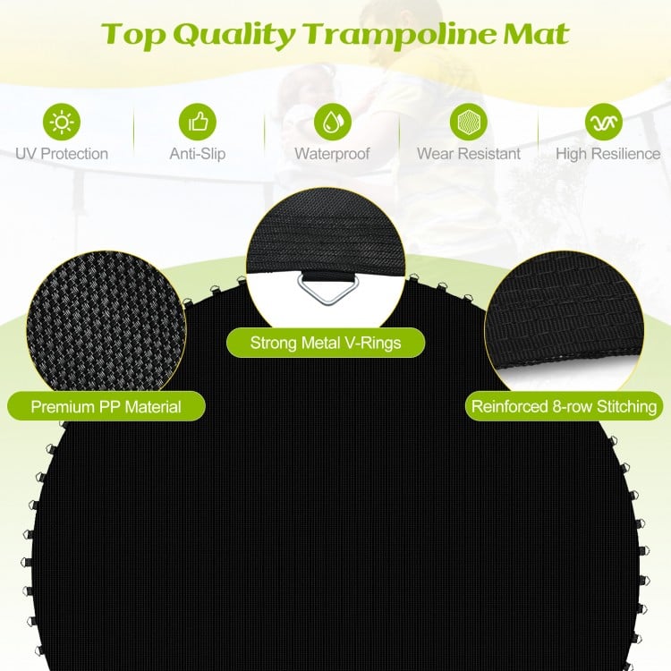 High-elastic PP replacement jumping mat with strong metal V-rings and reinforced 8-row stitching for outdoor use.