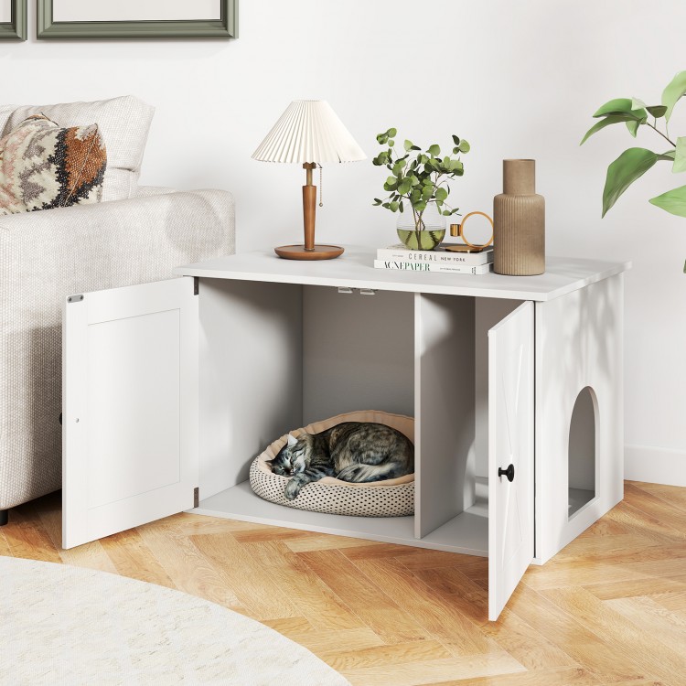 Hidden cat litter box enclosure in white with dual doors, serving as a stylish side table for home decor.