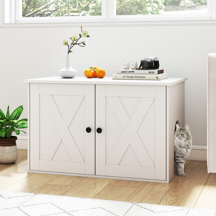 Hidden cat litter box enclosure in white with dual doors, stylish design, perfect for living rooms and easy cleaning.