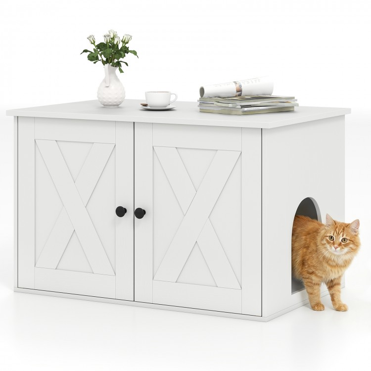 Hidden cat litter box enclosure in white, featuring dual doors and a stylish design, perfect for living rooms and.