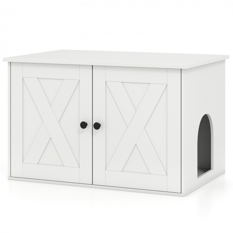 White hidden cat litter box enclosure with dual doors, stylish design, and large tabletop for home decor and storage.