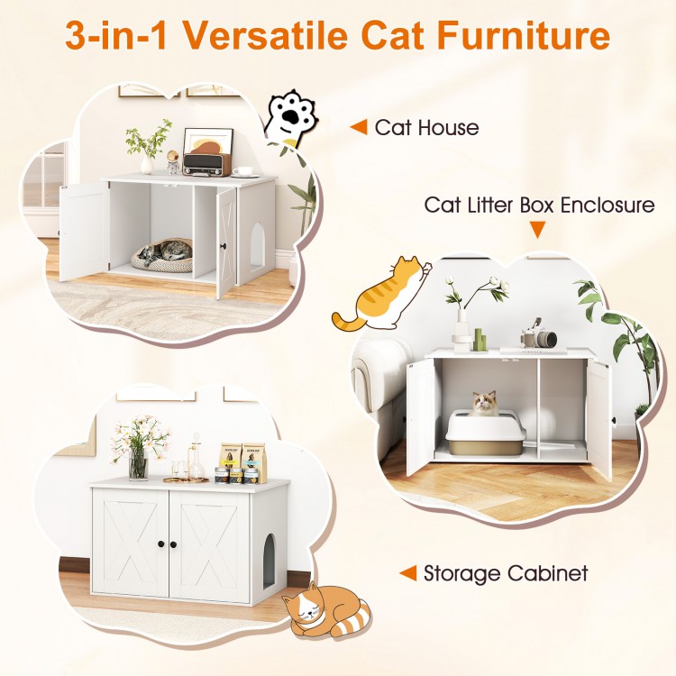 Versatile white cat litter box enclosure with dual doors, serving as a stylish coffee table and cat house for home.