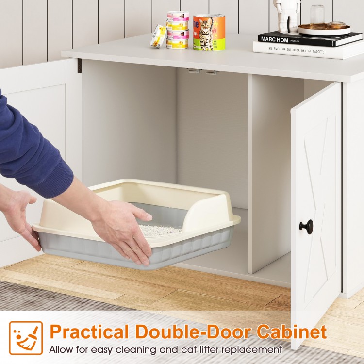 Hidden cat litter box enclosure with dual doors for easy cleaning, stylish white design for home integration.