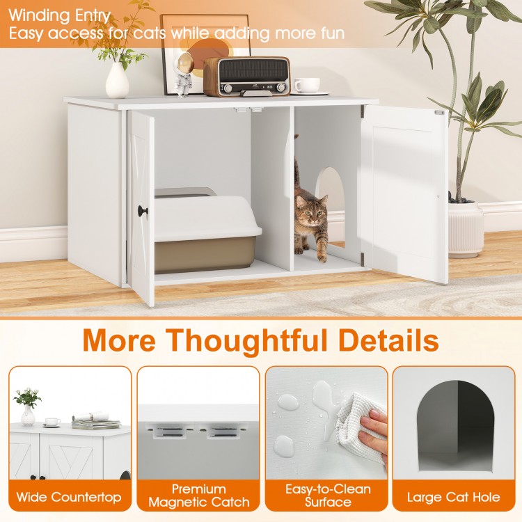 Hidden cat litter box enclosure in white with dual doors, large cat hole, and smooth surface for easy cleaning.
