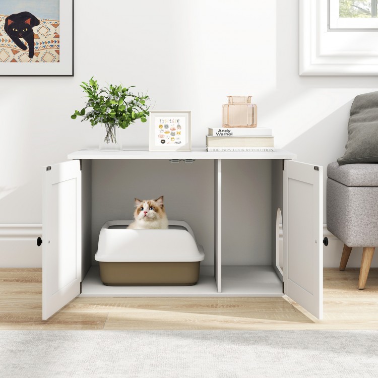 Hidden cat litter box enclosure in white with dual doors, stylish design for home decor, ideal for living rooms and.
