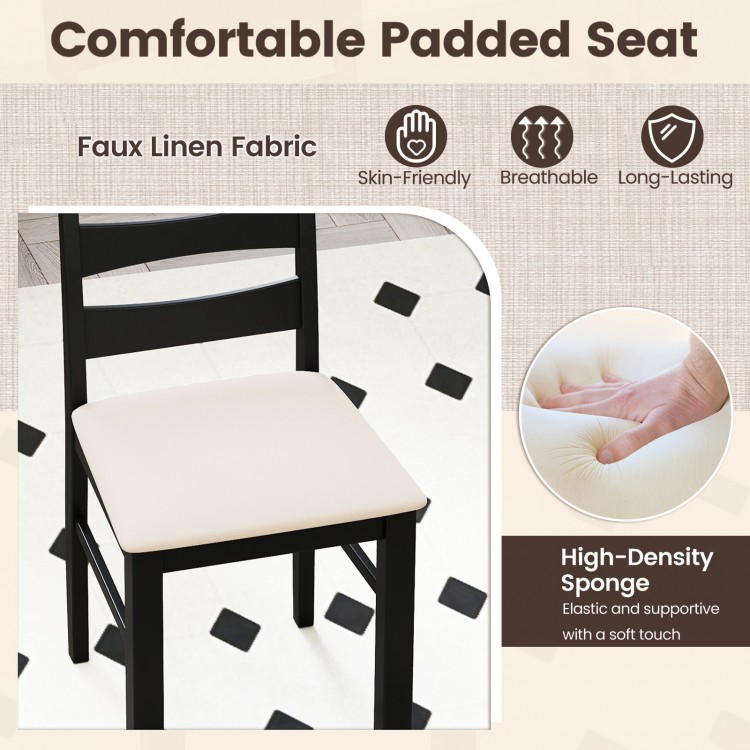 High back dining chair with padded seat in black, featuring faux linen fabric and ergonomic design for comfort.