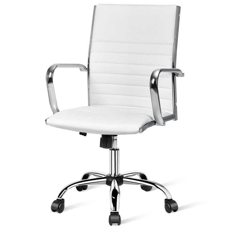 High back ribbed office chair with armrests in white PU leather, height adjustable for home or office use.