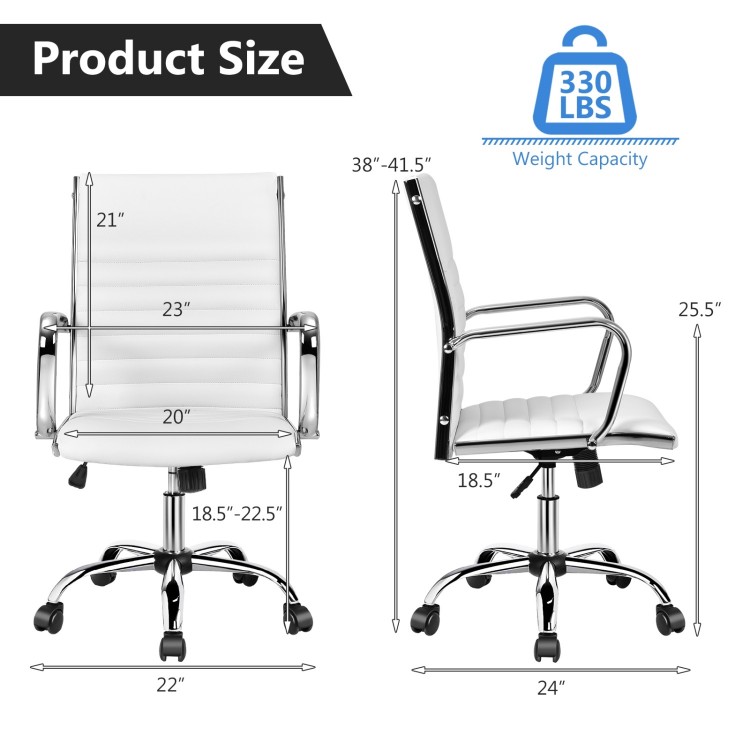 High Back Ribbed Office Chair in white with armrests, adjustable height, ergonomic design, and 330 lbs weight capacity.