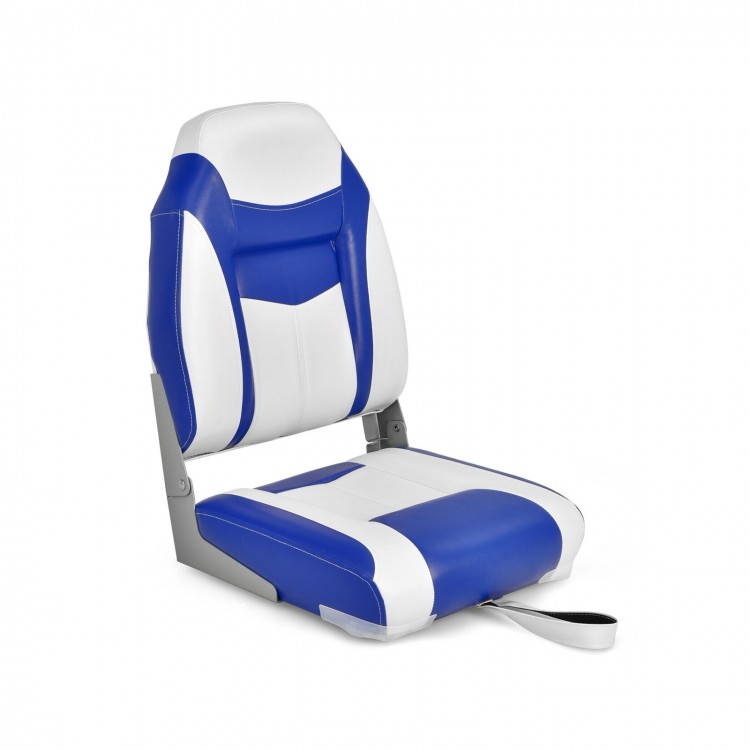 High back folding boat seat in blue and white with padded cushion and aluminum hinges for comfortable outdoor use.