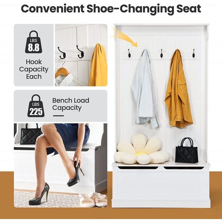 3-in-1 entryway hall tree with white shoe bench, coat rack, and storage, featuring 5 hooks for hats and jackets.