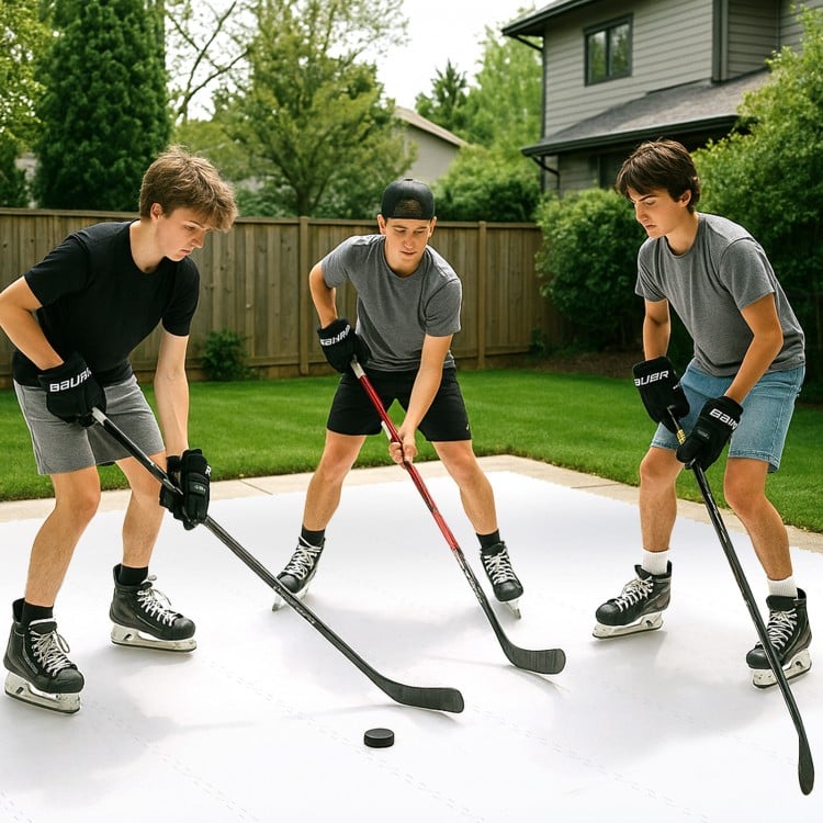 Three young players practicing hockey on synthetic ice tiles, featuring a self-lubricating surface for realistic.