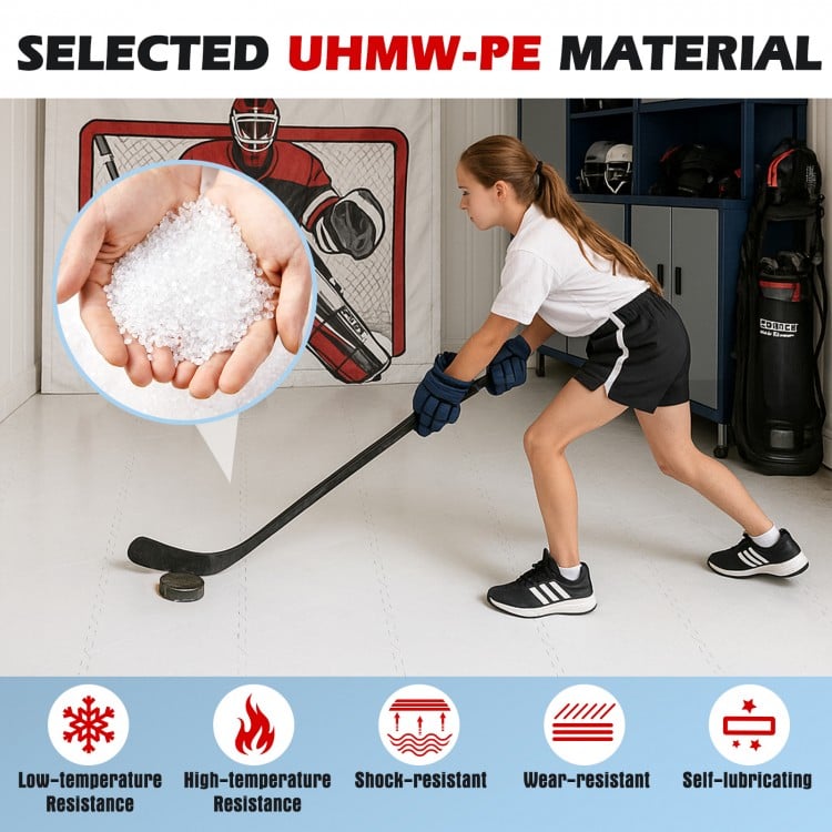 Hockey flooring tiles made of UHMW-PE material, featuring a self-lubricating surface for realistic puck handling.