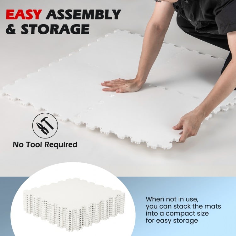 Hockey flooring tiles in white, featuring tool-free assembly and compact storage for training and practice areas.