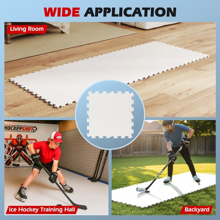 Hockey flooring tiles in a puzzle-like design, made of UHMW-PE, ideal for training in backyards or indoor spaces.
