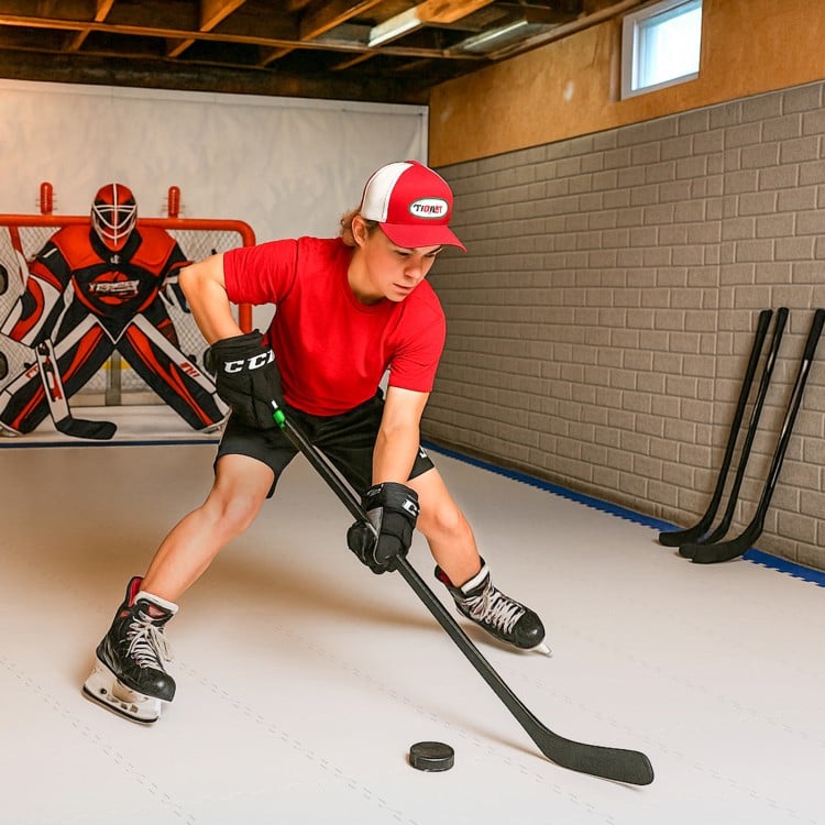 Hockey flooring tiles in use for training, featuring a self-lubricating surface for realistic puck handling and.