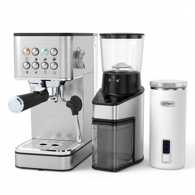 Home Espresso Coffee Station Set includes an espresso machine, grinder, and milk frother for café-style beverages at home.