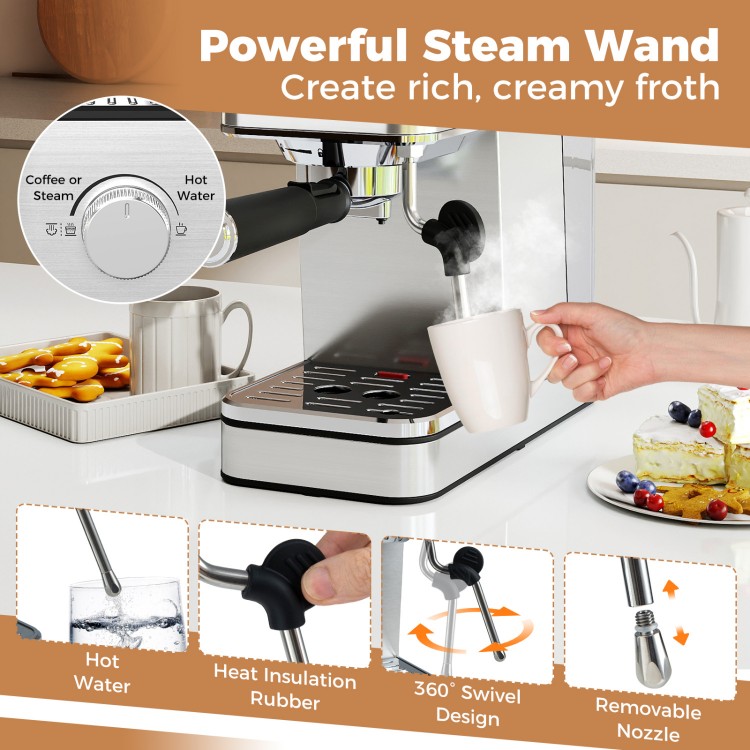 Powerful steam wand for the Home Espresso Coffee Station Set, creating rich froth for café-style beverages at home.