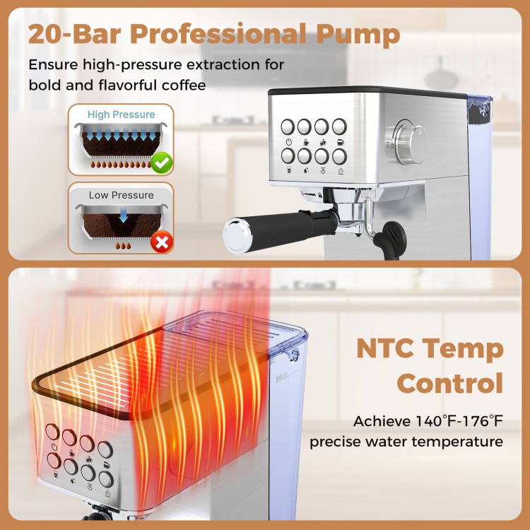 Home espresso machine with 20-bar pressure system and conical burr grinder for rich coffee and precise grind settings.