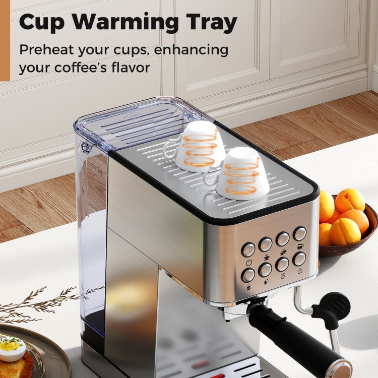 Cup warming tray on the espresso machine preheats cups to enhance coffee flavor for a perfect brew experience.