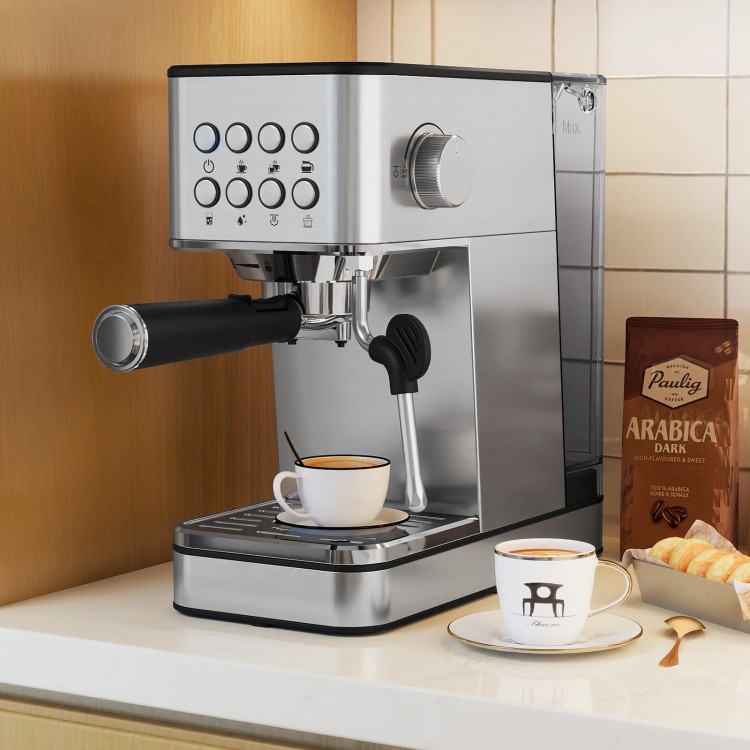 Home espresso coffee station set featuring a sleek espresso machine, grinder, and milk frother for café-style beverages.