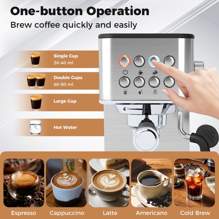 Home espresso coffee station set featuring an espresso machine, grinder, and milk frother for café-style beverages at home.