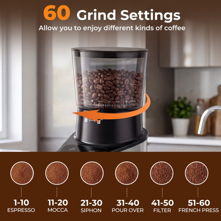 Conical burr grinder with 60 precise grind settings enhances coffee flavor for creating café-style beverages at home.