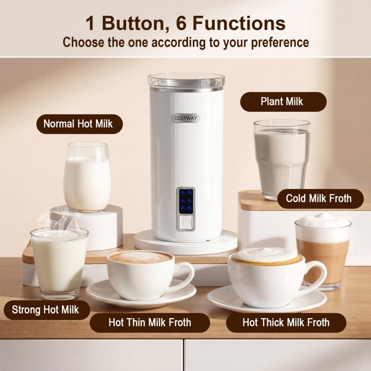 Milk frother with multiple functions displayed alongside espresso machine and grinder for creating café-style beverages at home.