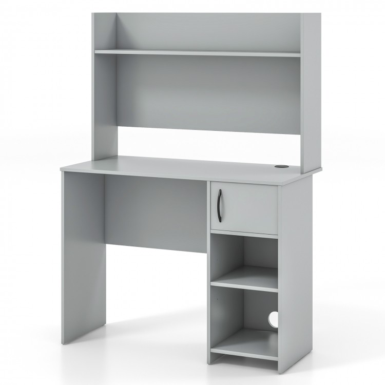 Gray home office desk with raised display shelf, two open shelves, and cable management for versatile workspace.
