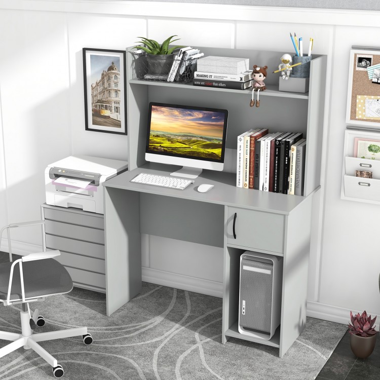 Home office desk in gray with raised display shelf, ample workspace, and adjustable storage for versatile use.