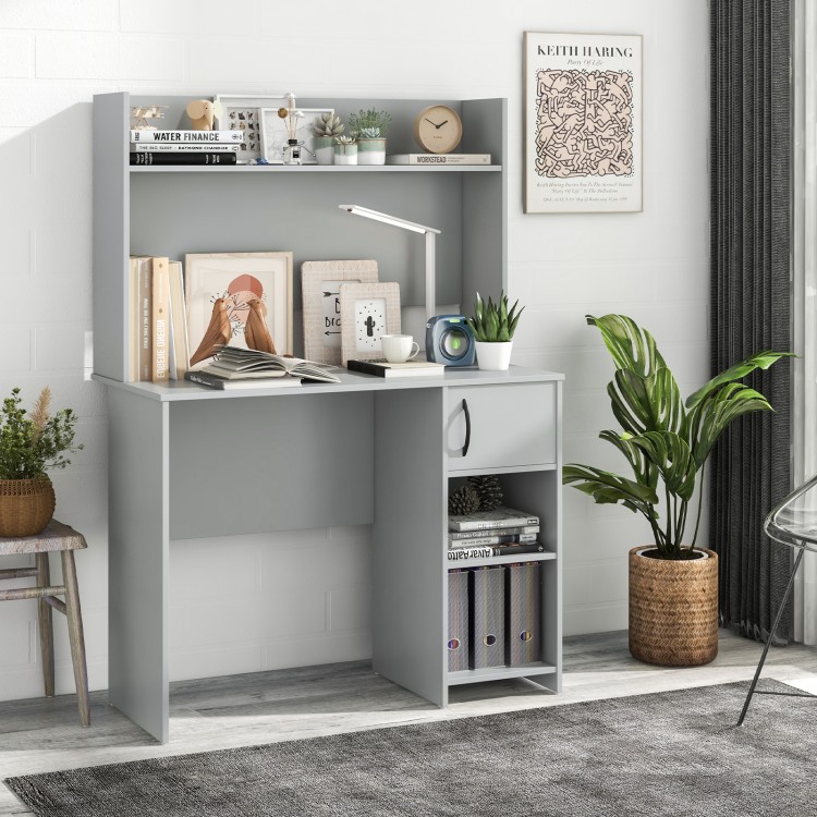Home office desk in gray with raised display shelf, two open shelves, and modern design for versatile workspace.