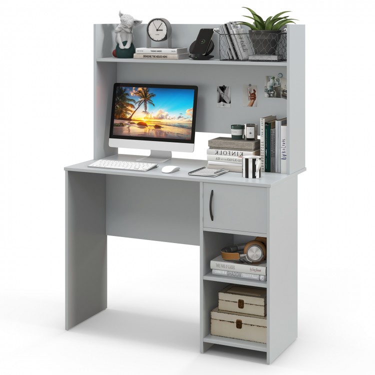 Home office desk in gray with raised display shelf, two open shelves, and ample workspace for organization and storage.
