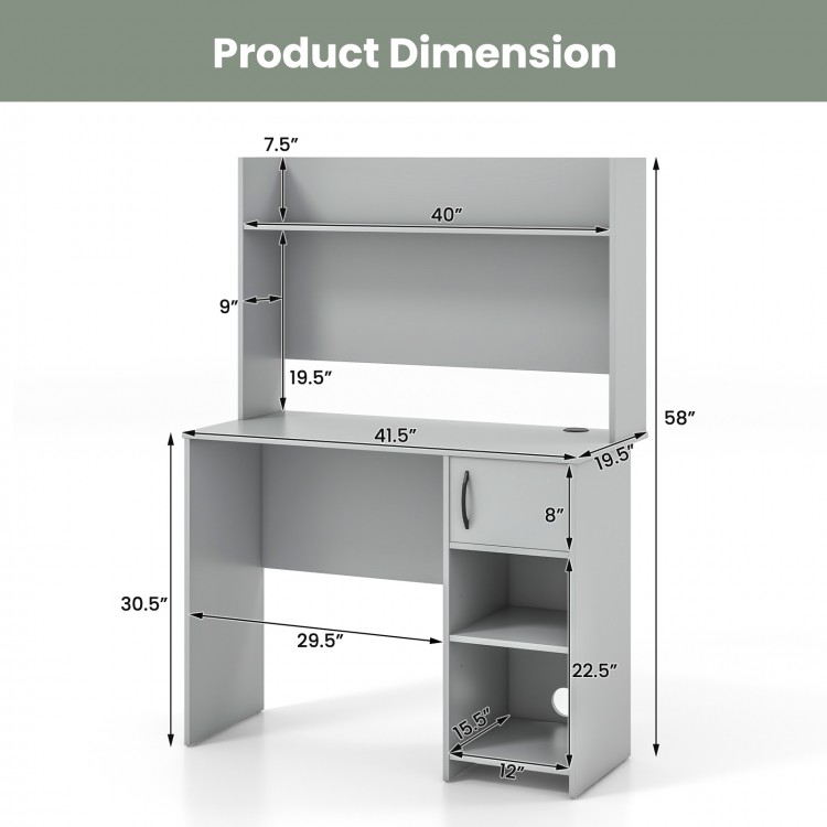 Home office desk in gray with raised display shelf and two open shelves, featuring dimensions for workspace.