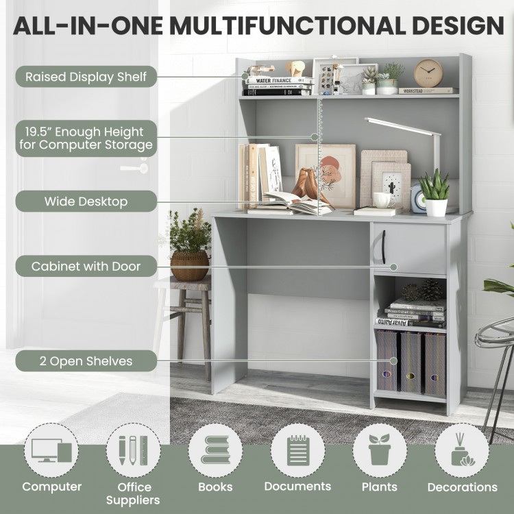 Home office desk in gray featuring a raised display shelf, wide desktop, and two open shelves for versatile storage.