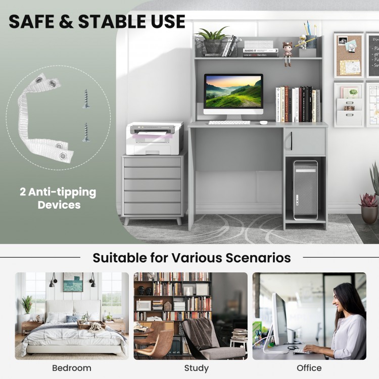 Home office desk in gray with raised display shelf, 2 open shelves, and anti-tipping devices for stability and safety.