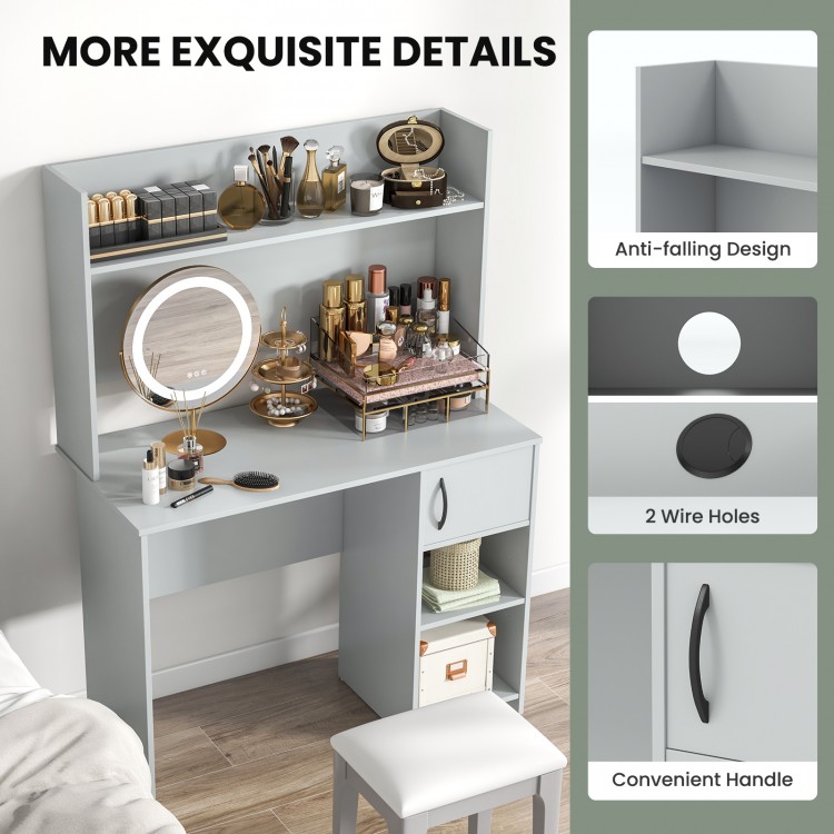 Home office desk in gray with raised display shelf, featuring anti-falling design and convenient wire holes for.
