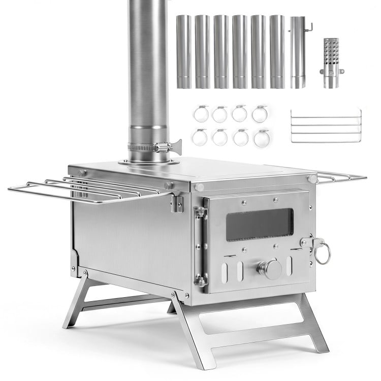 Portable wood burning stove in silver with 7 chimney pipes, designed for efficient heating and cooking in outdoor tents.