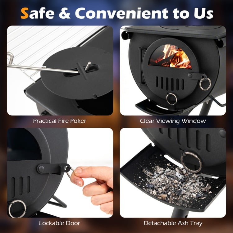 Hot tent stove with chimney pipes, featuring a lockable door, practical fire poker, and removable ash tray for outdoor.