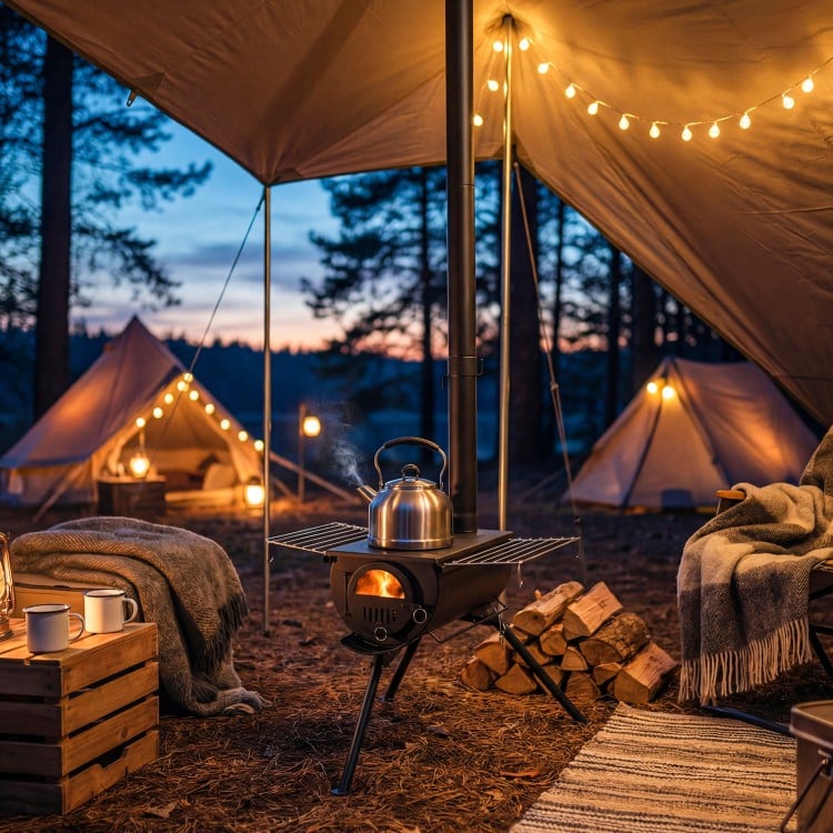 Hot tent stove with chimney pipes and foldable legs, designed for outdoor heating and cooking in camping settings.