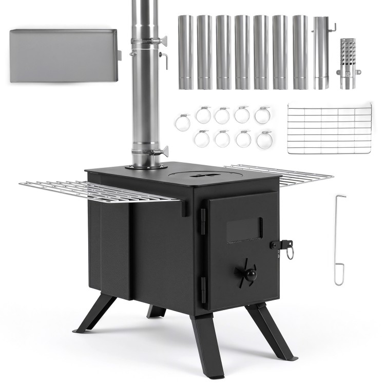 Hot tent stove with ash tray, 8.4 ft wood burning design, includes 8 chimney pipes and spark arrestor for outdoor use.