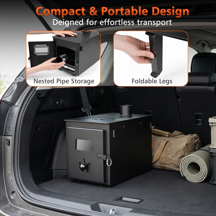Hot tent stove with a compact design, featuring foldable legs and nested pipe storage for easy transport and setup.