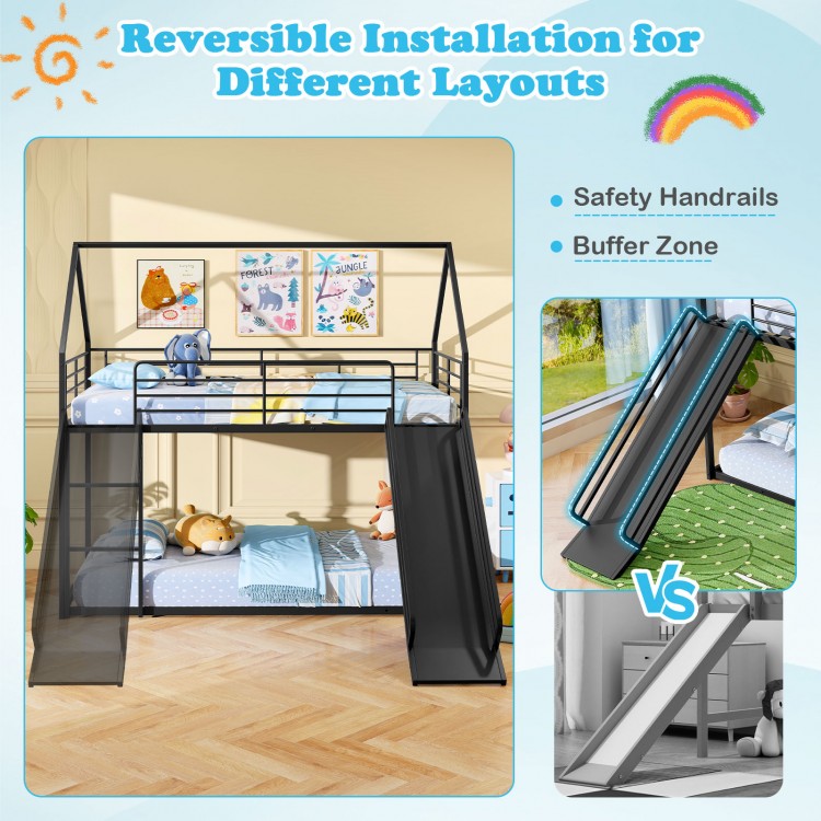 House-shaped black metal twin over twin low bunk bed with slide, safety handrails, and reversible installation for.
