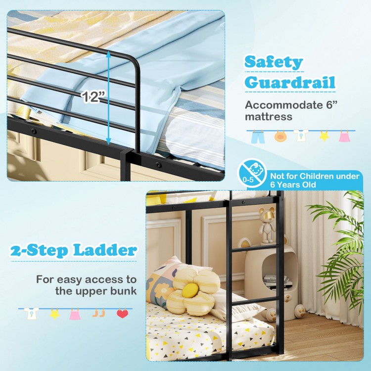House-shaped metal twin over twin low bunk bed with safety guardrail and 2-step ladder for easy upper bunk access.