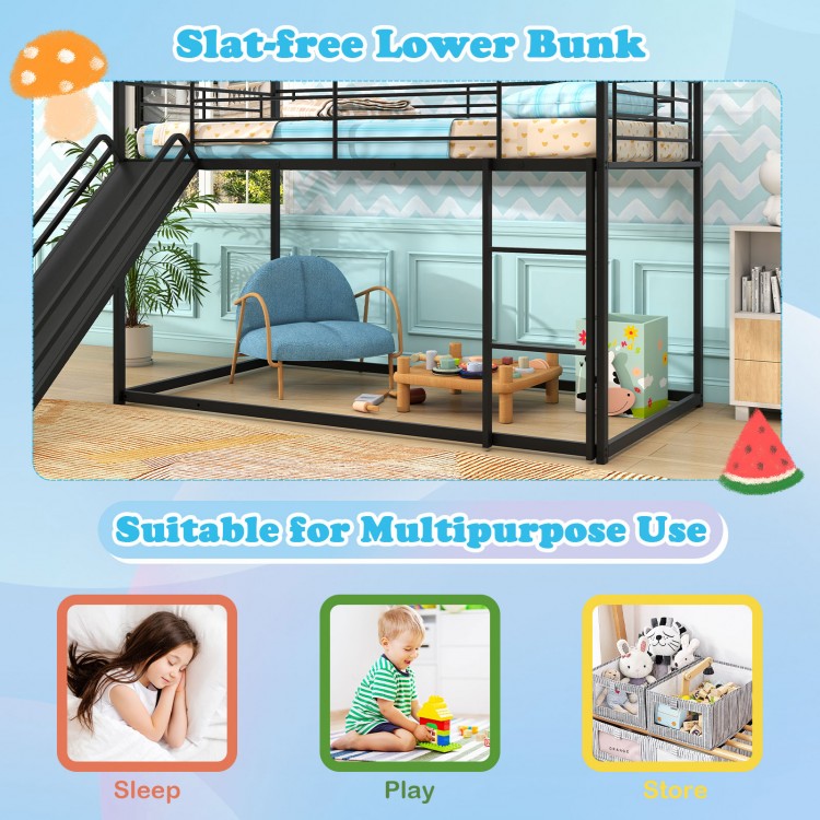 House-shaped black metal twin over twin low bunk bed with slat-free lower bunk for sleeping, playing, and storage.