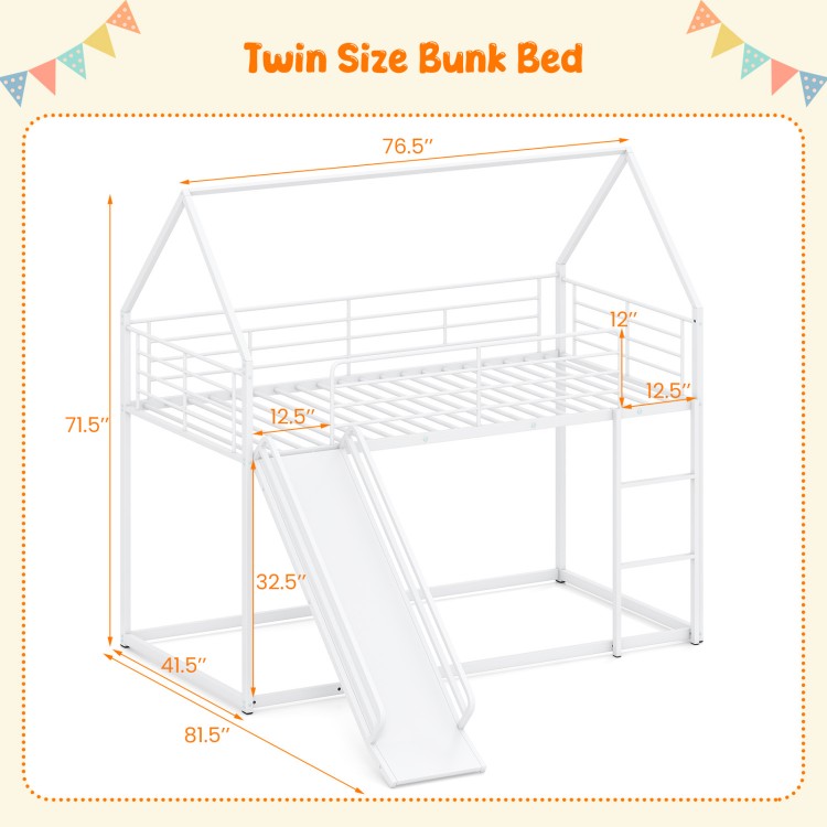 House-shaped white metal twin over twin low bunk bed with slide, safety guardrails, and 250 lbs weight capacity.