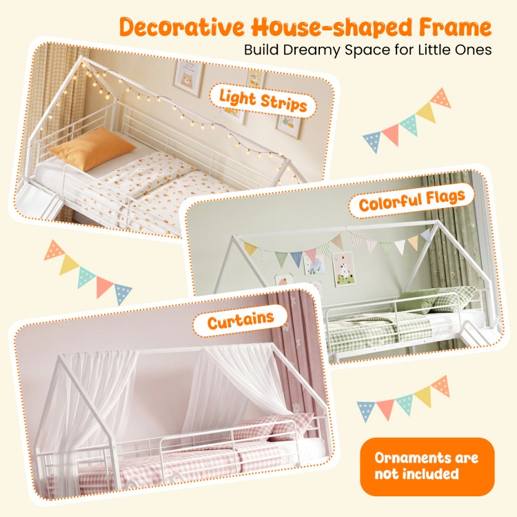 House-shaped metal twin over twin low bunk bed in white, featuring a decorative frame for creating a dreamy space for.