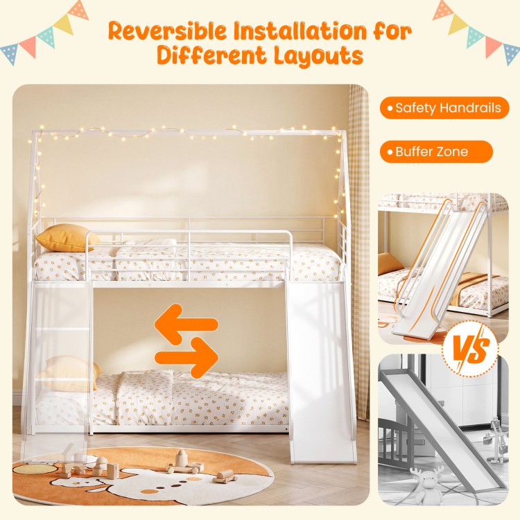 House-shaped metal twin over twin low bunk bed in white with slide, safety handrails, and reversible installation for.