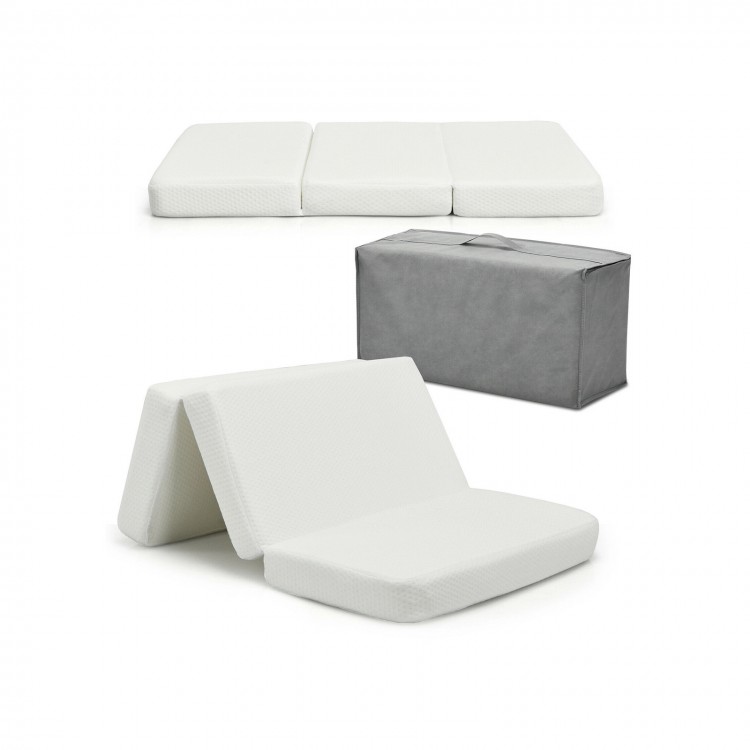 Compact tri-fold baby mattress with 40D memory foam, featuring a carrying bag for easy transport and storage solutions.