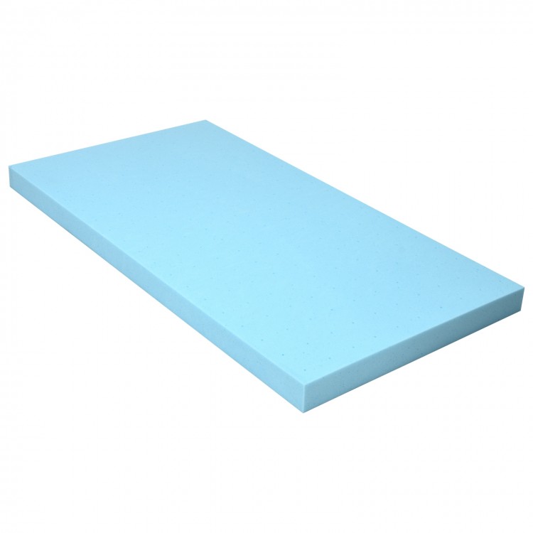 3-inch gel-infused cooling bed topper in blue, designed for comfort and support, measuring 75 x 39 inches.