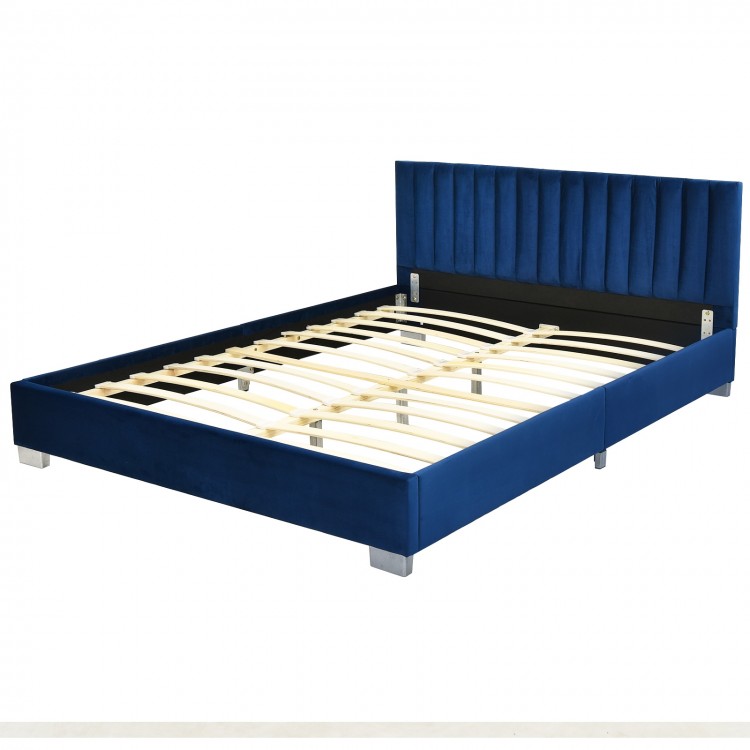 Full tufted upholstered platform bed frame in navy with flannel headboard and sturdy wooden slats for modern bedrooms.